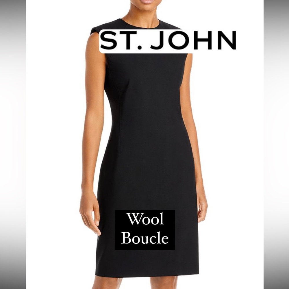 St. John Wool Milano Boucle Knit Crew Neck Knee Length Dress Black Caviar 12